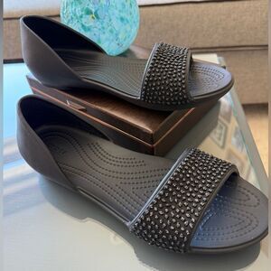 CROCS Lina D’Orsay Diamanté Flat Size 9 Embellished Women’s Black Sandals.
